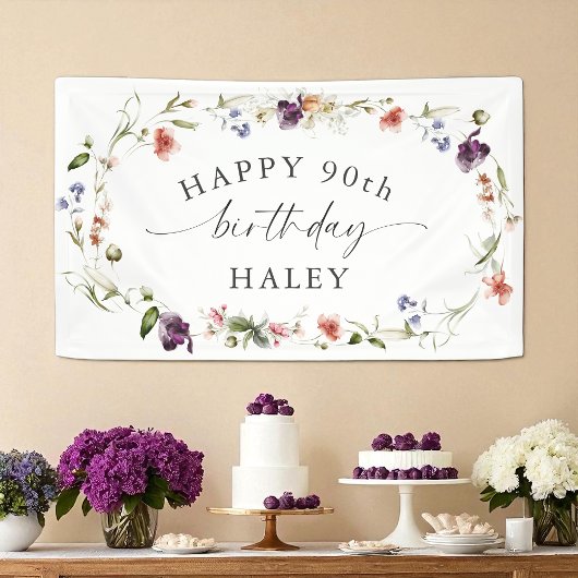 90e verjaardag vrouwelijke wilde bloemen spandoek