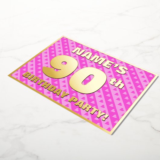 90e verjaardag — vuurroze harten en strips folie uitnodiging (Gedraaid)