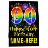 90e verjaardag: Vuurwerk Fun Pattern + Regenboog 9 Medium Cadeauzakje (Voorkant)