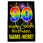 90e verjaardag: Vuurwerk Fun Pattern + Regenboog 9 Medium Cadeauzakje (Achterkant)