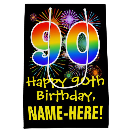 90e verjaardag: Vuurwerk Fun Pattern + Regenboog 9 Medium Cadeauzakje (Achterkant)