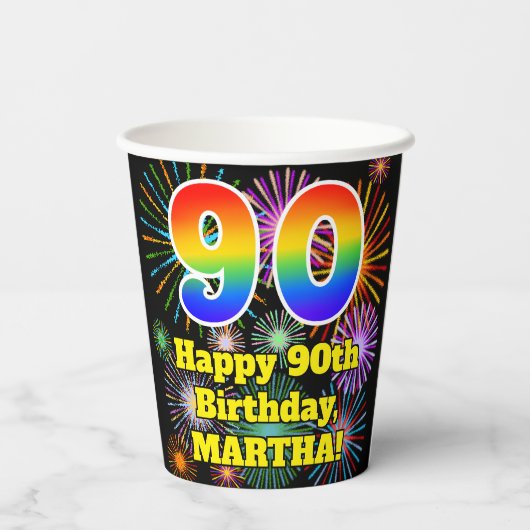 90e verjaardag: Vuurwerk Fun Pattern + Regenboog 9 Papieren Bekers (Achterkant)