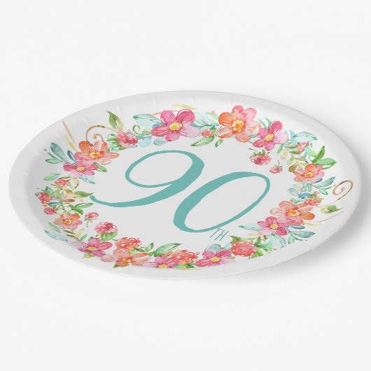 90e verjaardag waterverf bloemen feest papieren bordje (Gekanteld)