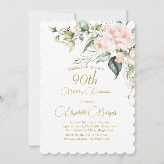 90e Verjaardag Waterverf Floral Monogram Elegant Kaart (Voorkant)