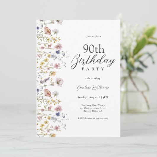 90e verjaardag Waterverf Wildflowers Floral Kaart (Staand voorkant)