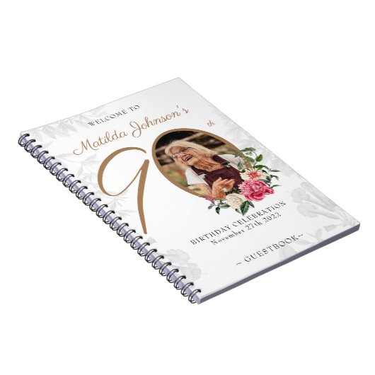 90e verjaardag White Gold Guestbook Floral Foto Notitieboek (Rechterzijde)