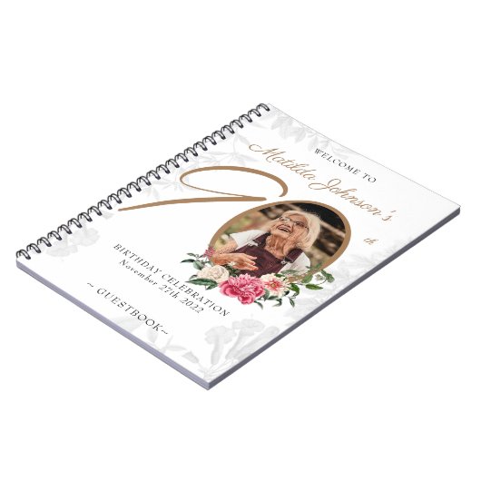 90e verjaardag White Gold Guestbook Floral Foto Notitieboek (Linkerzijde)
