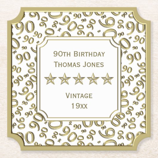 90e verjaardag White/Gold Pattern Thema Kartonnen Onderzetters (Voorkant)