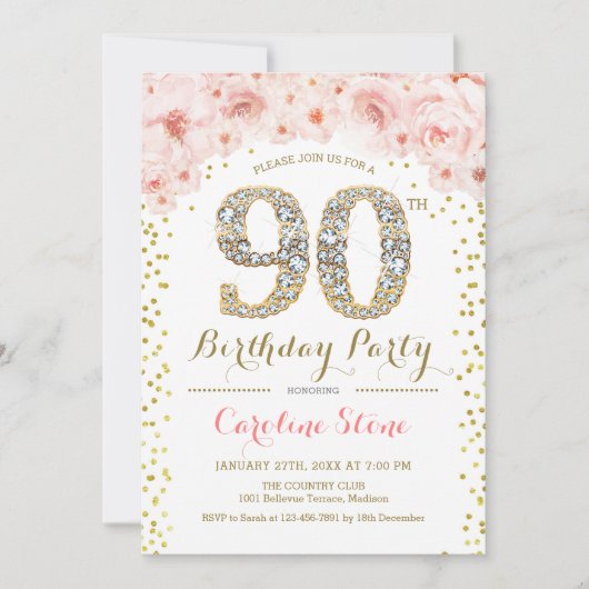 90e verjaardag - White Gold Pink Kaart (Voorkant)