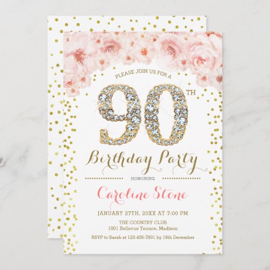 90e verjaardag - White Gold Pink Kaart (Voorkant / Achterkant)