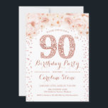 90e verjaardag - White Rose Gold Kaart<br><div class="desc">90e verjaardag uitnodiging voor vrouwen. Elegant nodigt een kaart uit in een wazige roze,  witte en nepglitter roos goud. Kenmerken lettertype,  rozen en diamantletters van typografiescript. Ideaal voor een stijlvolle mijlpaal op de dag van de volwassen dag.</div>