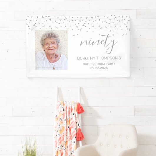 90e verjaardag White Silver Confetti Foto Spandoek (Insitu)