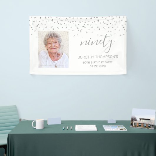 90e verjaardag White Silver Confetti Foto Spandoek (Beurs)