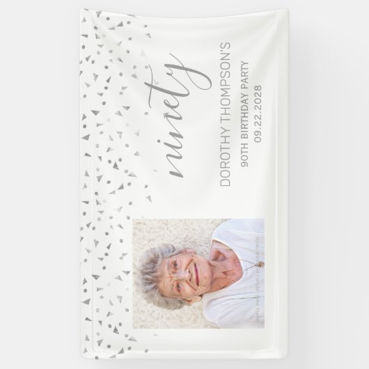 90e verjaardag White Silver Confetti Foto Spandoek (Verticaal)