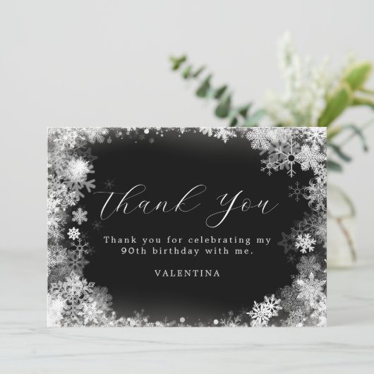 90e verjaardag Winter Wonderland Sneeuwvlok Bedankkaart (Staand voorkant)