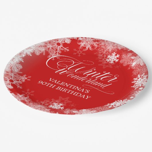 90e verjaardag Winter Wonderland Sneeuwvlok Rood Papieren Bordje (Gekanteld)