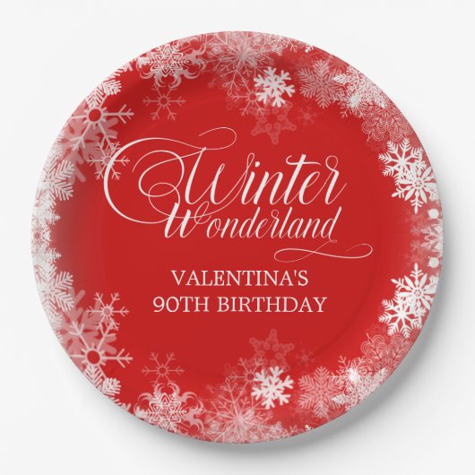 90e verjaardag Winter Wonderland Sneeuwvlok Rood Papieren Bordje (Voorkant)