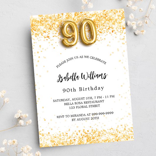90e verjaardag wit goud glitter elegant uitnodiging briefkaart