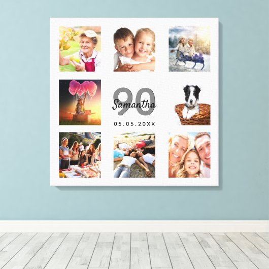 90e verjaardag witte foto collage naam canvas afdruk (Insitu (Houten vloer))