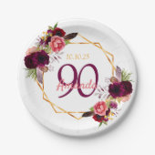 90e verjaardag witte gouden bloem ganze burgundy papieren bordje (Voorkant)