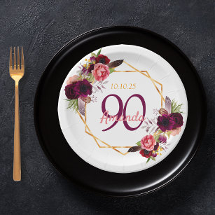 90e verjaardag witte gouden bloem ganze burgundy papieren bordje