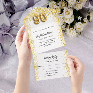 90e verjaardag witte gouden feest RSVP All In One Uitnodiging