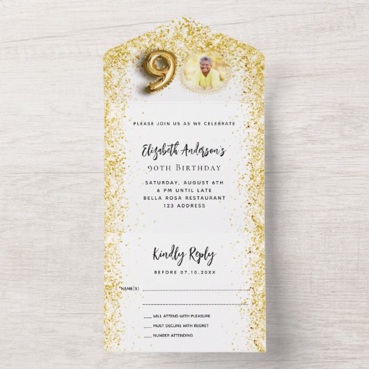 90e verjaardag witte gouden foto feest RSVP All In One Uitnodiging (Binnen)