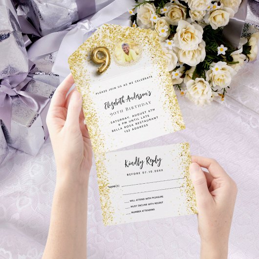 90e verjaardag witte gouden foto feest RSVP All In One Uitnodiging