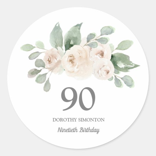 90e verjaardag Witte Rose Eucalyptus Ronde Sticker (Voorkant)
