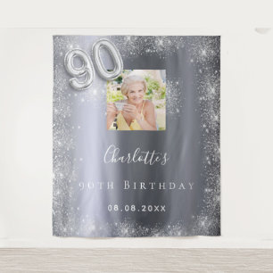 90e verjaardag zilveren foto glitters welkom wandkleed