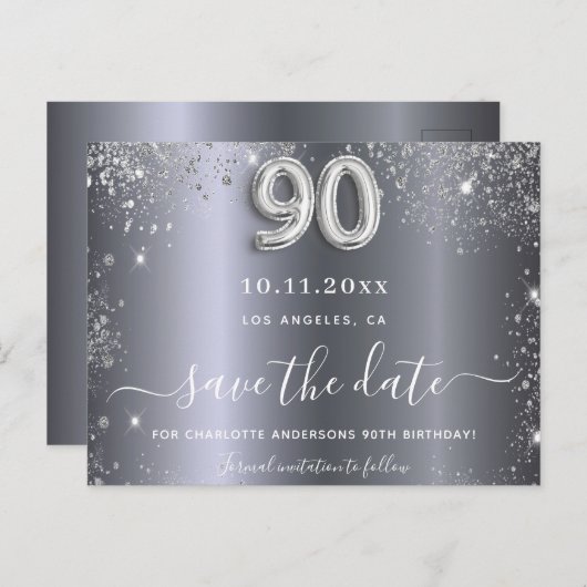 90e verjaardag zilveren glitter behalve de datum briefkaart (Voorkant / Achterkant)