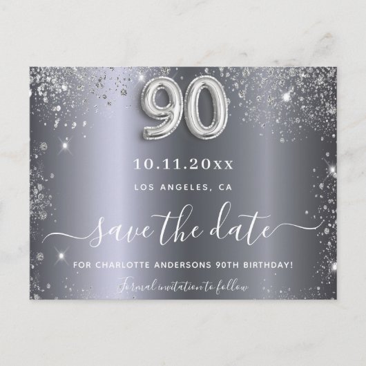 90e verjaardag zilveren glitter behalve de datum briefkaart (Voorkant)