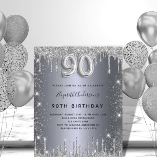 90e verjaardag zilveren glitter budget uitnodiging flyer