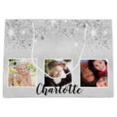 90e verjaardag zilveren glitter foto naam groot cadeauzakje (Voorkant)