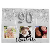 90e verjaardag zilveren glitter foto naam groot cadeauzakje (Achterkant)