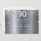 90e verjaardag zilveren glitter glam save the date (Voorkant)