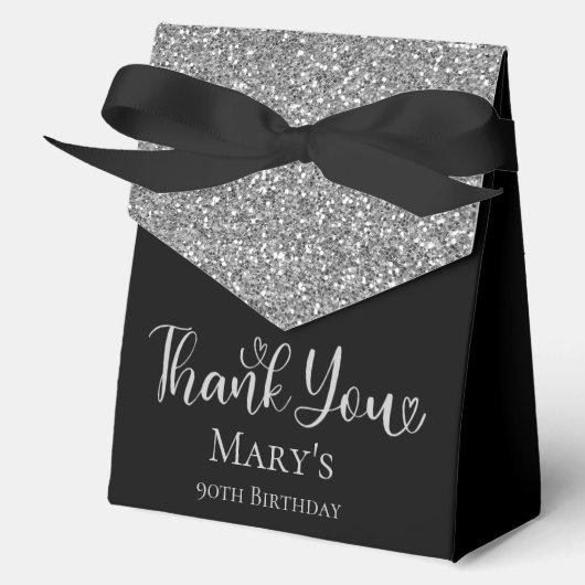 90e Verjaardag Zilveren Glitter Zwart Dank U Bedankdoosjes (Voorkant)