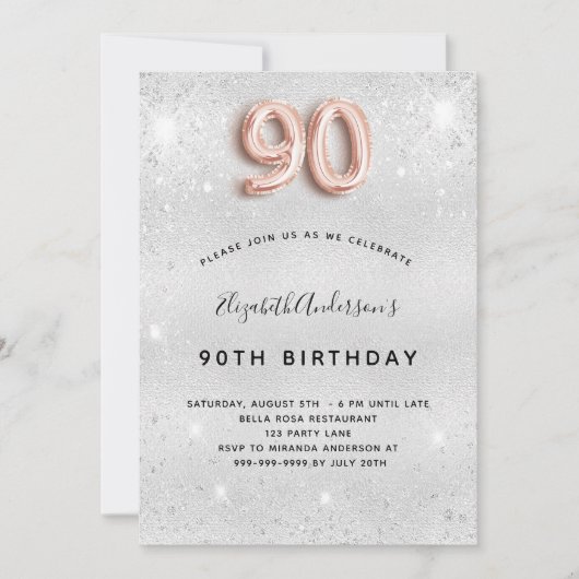 90e verjaardag zilveren roos gouden glitter kaart (Voorkant)