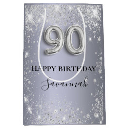 90e verjaardag zilverglitterstofmonogram medium cadeauzakje