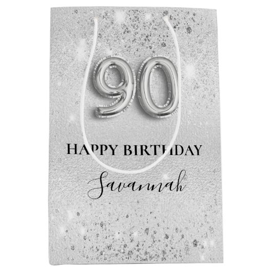 90e verjaardag zilverglitterstofmonogram medium cadeauzakje (Voorkant)