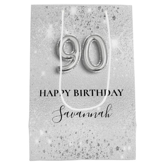 90e verjaardag zilverglitterstofmonogram medium cadeauzakje (Achterkant)