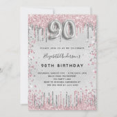 90e verjaardag zilverkleurige roze glitter stof kaart (Voorkant)