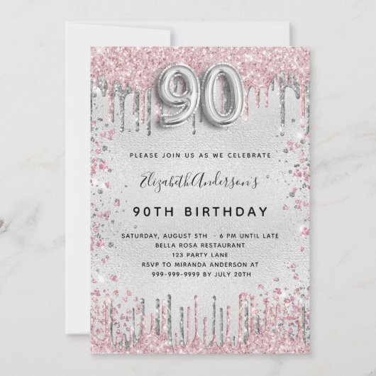 90e verjaardag zilverkleurige roze glitter stof kaart (Voorkant)