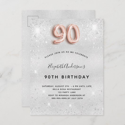 90e verjaardag zilvermetaal roos goud glitter uitnodiging briefkaart (Voorkant / Achterkant)