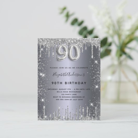 90e verjaardag zilvermetalen glitterstofglazuur uitnodiging briefkaart (Staand voorkant)