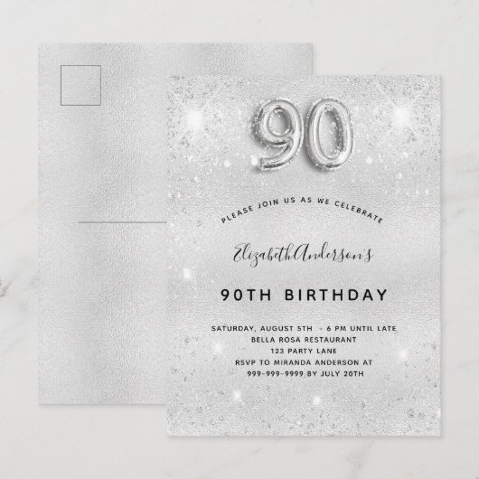 90e verjaardag zilvermetalen glitterstofglazuur uitnodiging briefkaart (Voorkant / Achterkant)
