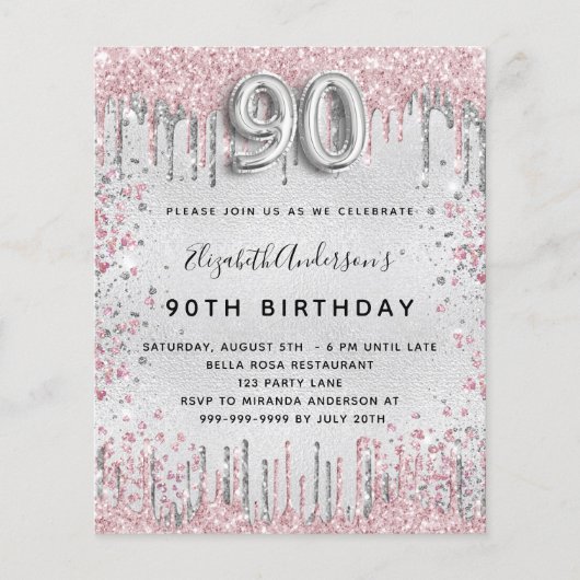 90e verjaardag zilverroze budgetuitnodiging flyer (Voorkant)