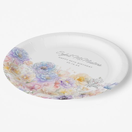 90e Verjaardag Zomer Waterverf Bloemen Custom Papieren Bordje (Gekanteld)