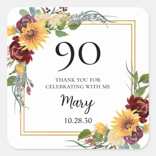 90e verjaardag Zonnebloemen Hartelijk dank Vierkante Sticker (Voorkant)