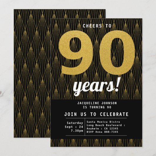90e verjaardag, zwart en goud kaart (Voorkant / Achterkant)